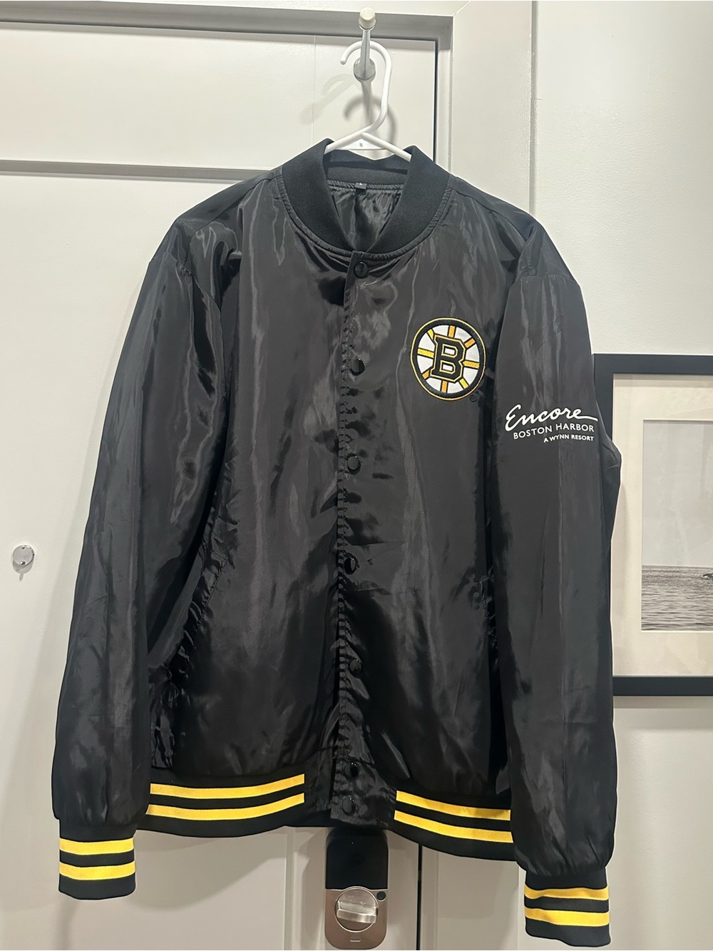 Boston Bruins / ENCORE Boston Harbor Black Satin Bomber Jacket with Yellow Trim
